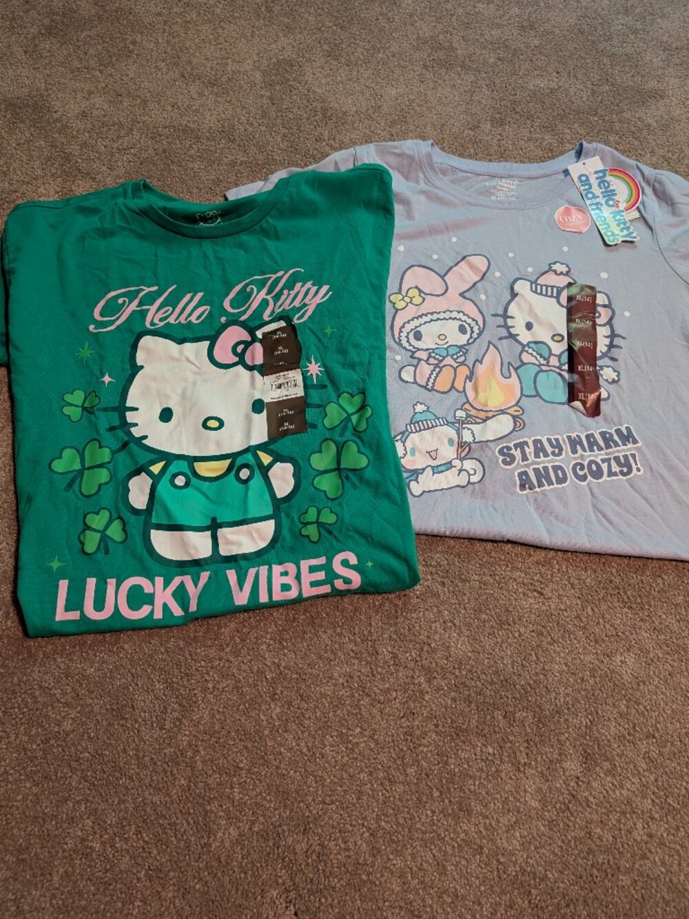 Lot! 2 NWT Sanrio Hello Kitty T-shirts, size XL 14-16 green blue